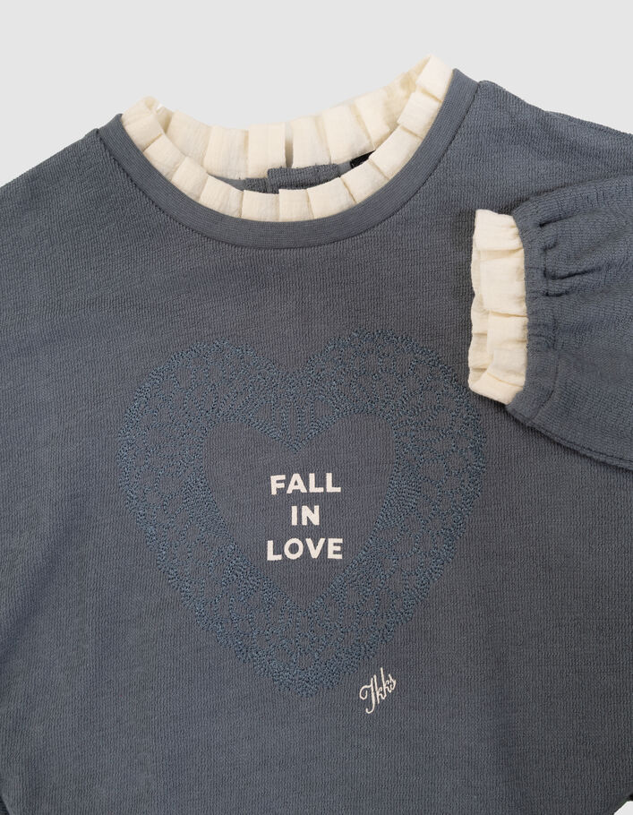 T-shirt manches longues bleu brod&eacute; col collerette fille