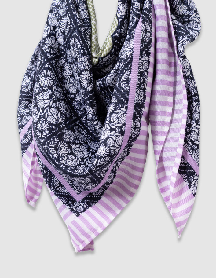 Foulard carr&eacute; marine imprim&eacute; floral et coeur vichy fille