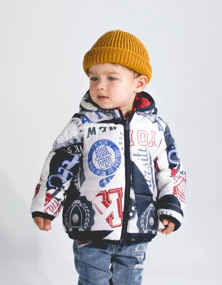 Doudoune r&eacute;versible gris imprim&eacute; et rouge b&eacute;b&eacute; gar&ccedil;on