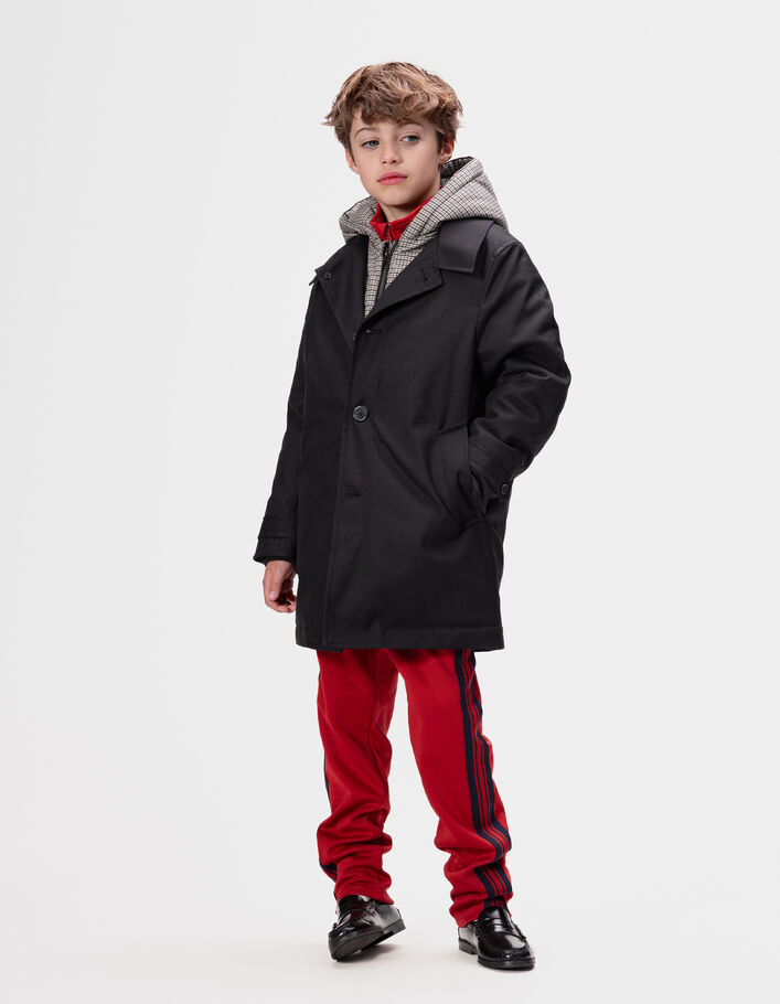 Trench noir parementure capuche motif carreaux gar&ccedil;on