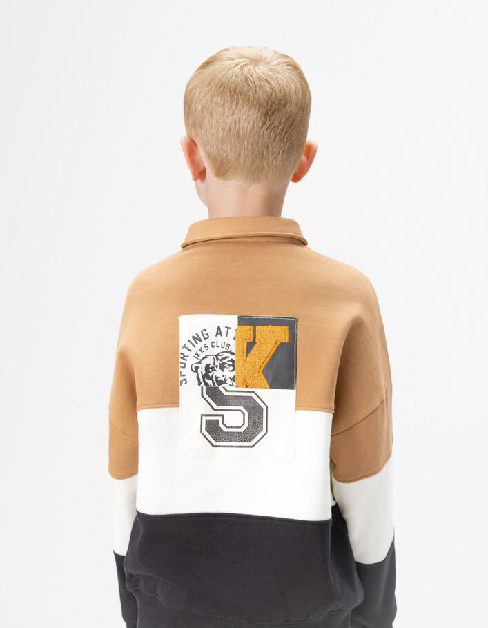 Sweat camel, &eacute;cru et marine coton bio col polo gar&ccedil;on