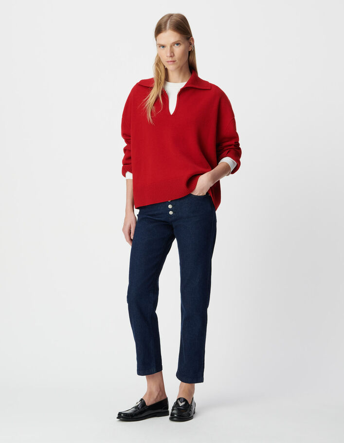 Pull jacquard tartan rouge col montant Femme