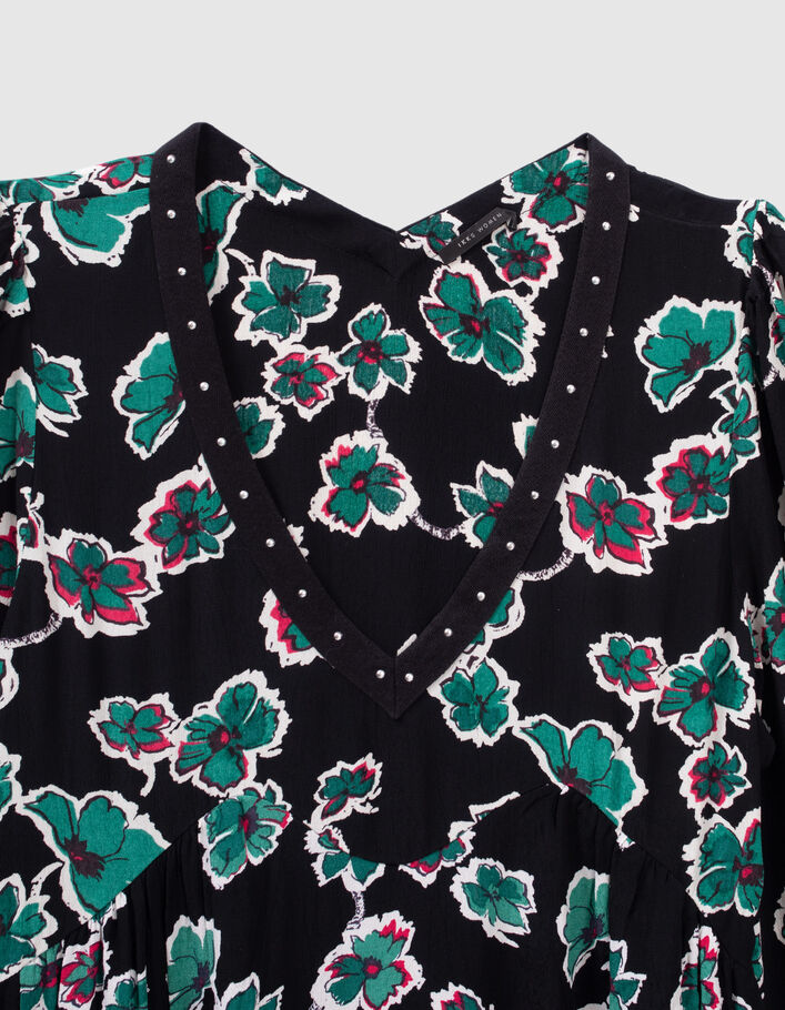 Robe noire imprim&eacute; maxi floral &agrave; col clout&eacute; Femme