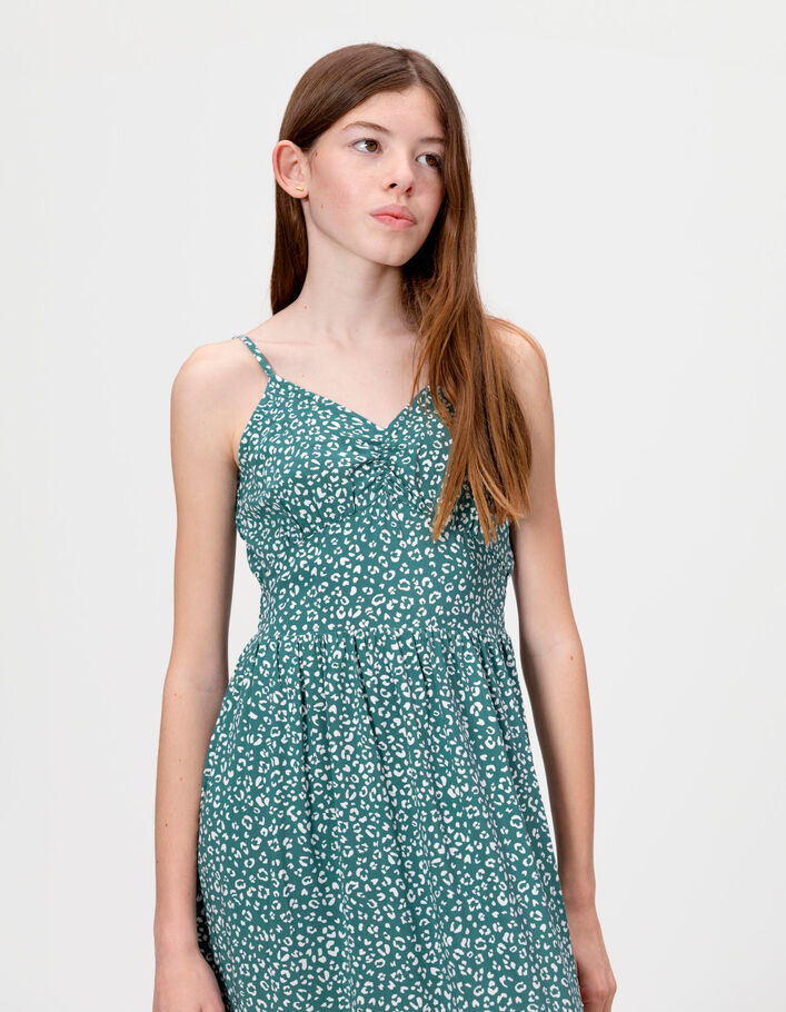 Robe longue fines bretelles verte imprim&eacute; l&eacute;opard fille