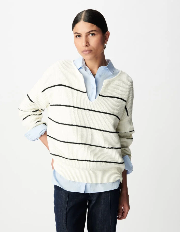 Pull marini&egrave;re oversize tricot rayures noires Femme