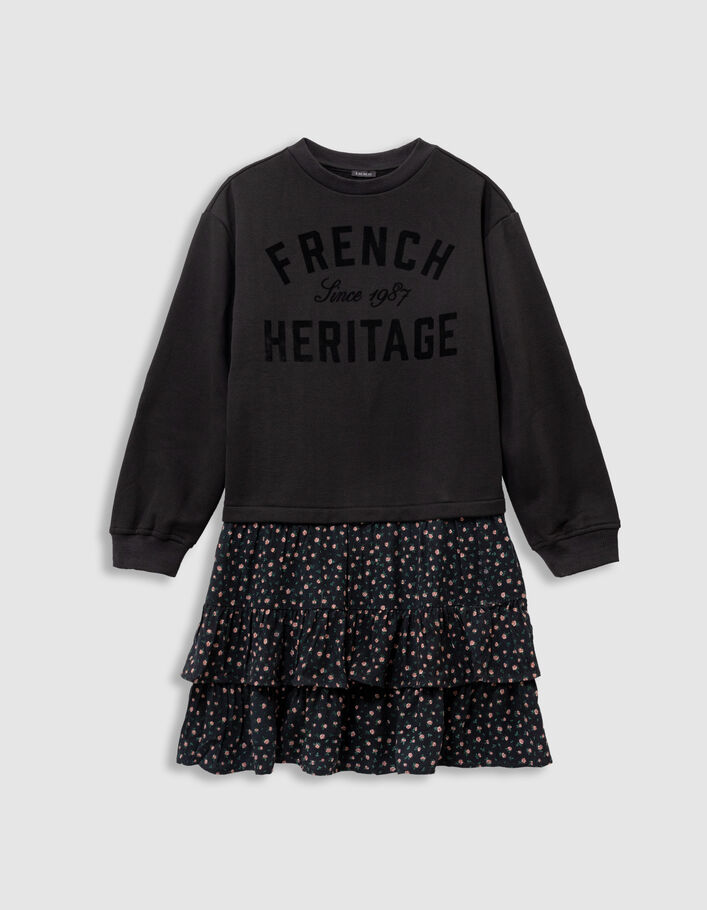 Robe sweat noire bi-mati&egrave;re et imprim&eacute; fleuri fille