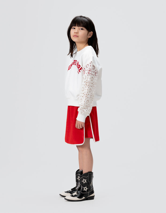 Sweat blanc manches crochet ajour&eacute; fille