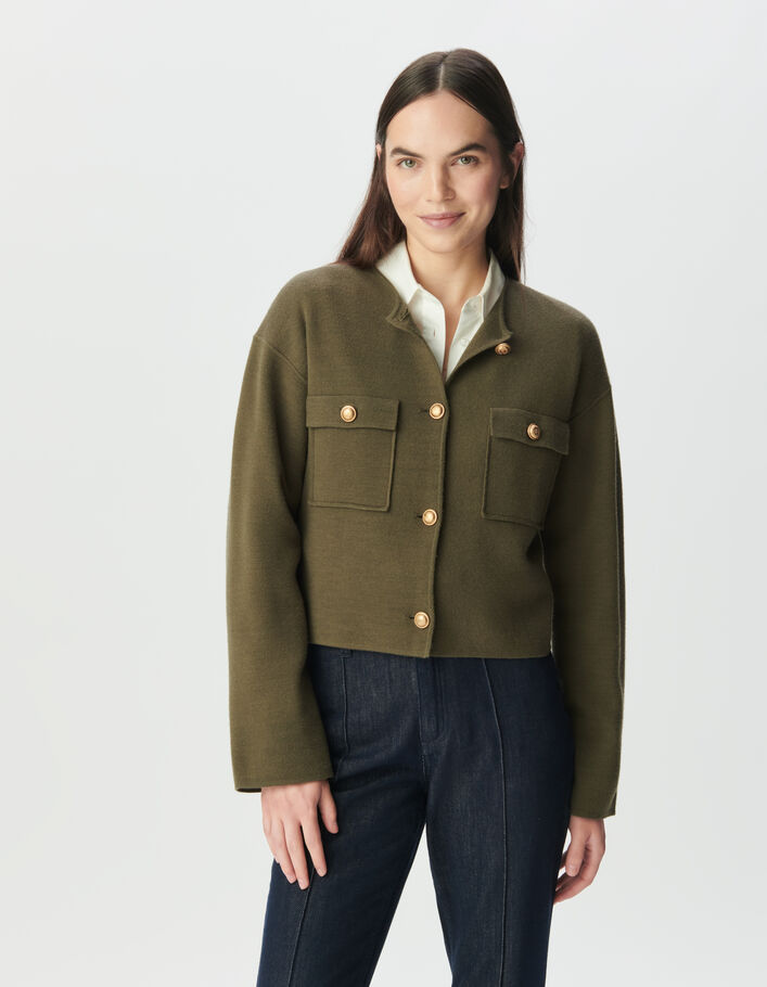 Cardigan court kaki tricot poches plaqu&eacute;es Femme
