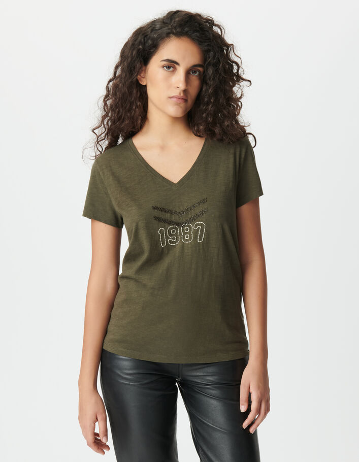 Tee-shirt kaki coton bio chevrons perles brod&eacute;es Femme