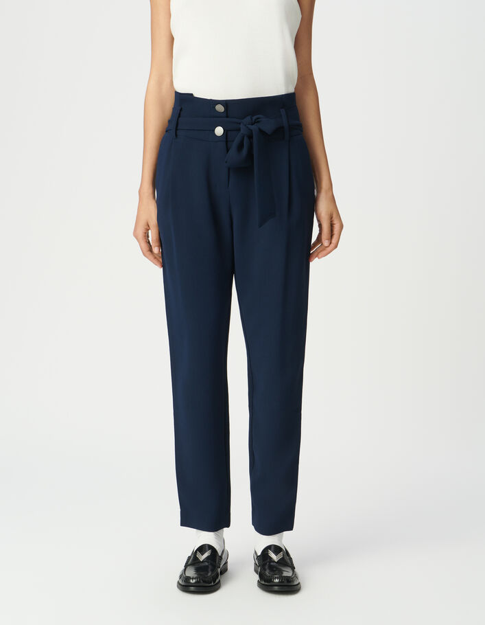 Pantalon taille haute marine ceintur&eacute;