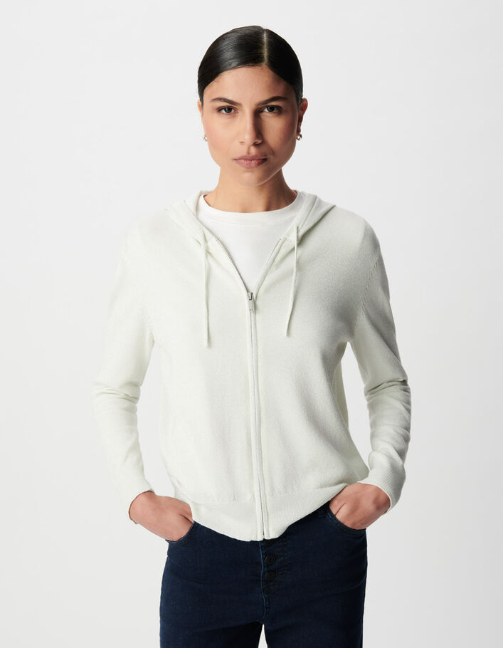 Cardigan blanc tricot paillet&eacute; motif chevrons ajour&eacute; dos Femme