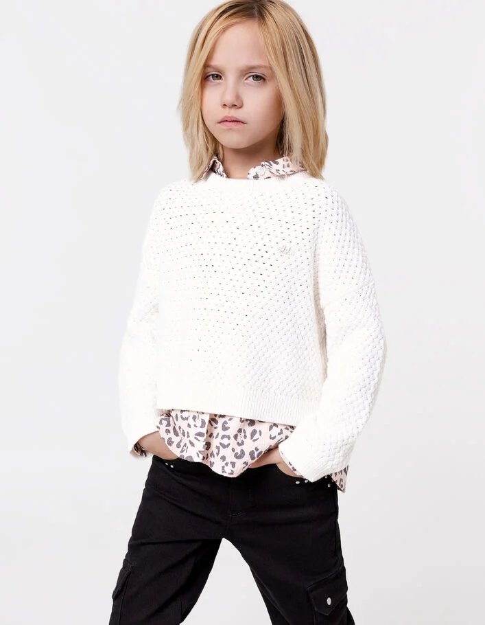 Pull blanc coton bio tricot fantaisie relief fille
