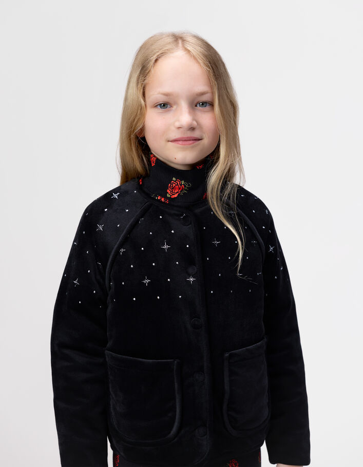 Cardigan noir velours matelass&eacute; brod&eacute; fille