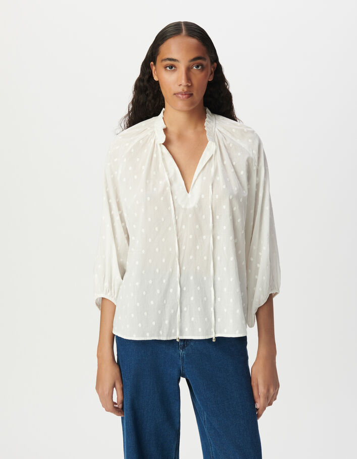 Blouse blanche col collerette &agrave; motif plumetis Femme