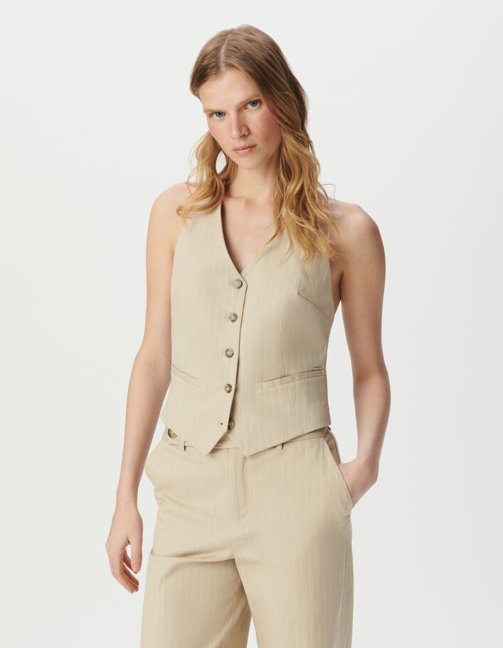Gilet de tailleur beige dos-nu motif rayures tennis Femme