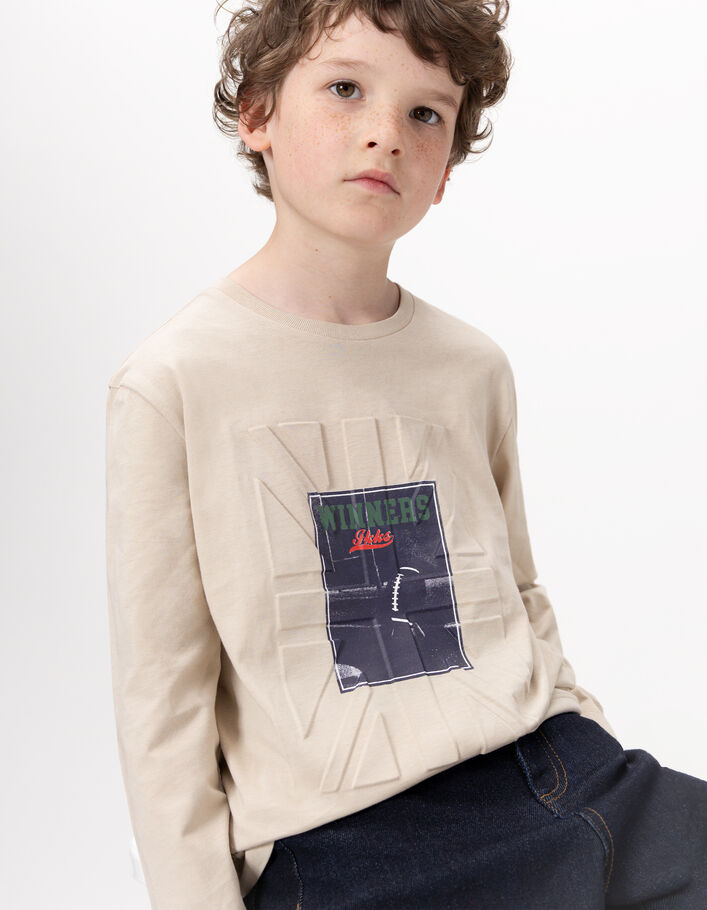 T-shirt manches longues beige drapeau emboss&eacute; gar&ccedil;on