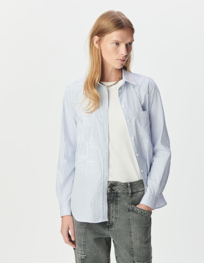 Chemise manches longues rayures bleues brod&eacute;e Femme