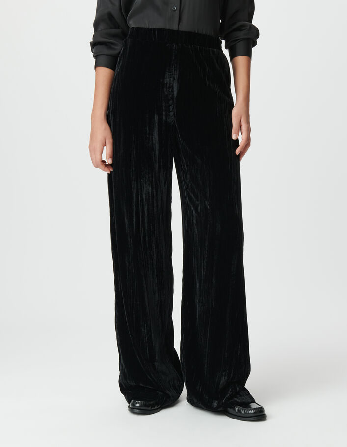 Pantalon large noir velours froiss&eacute; Femme
