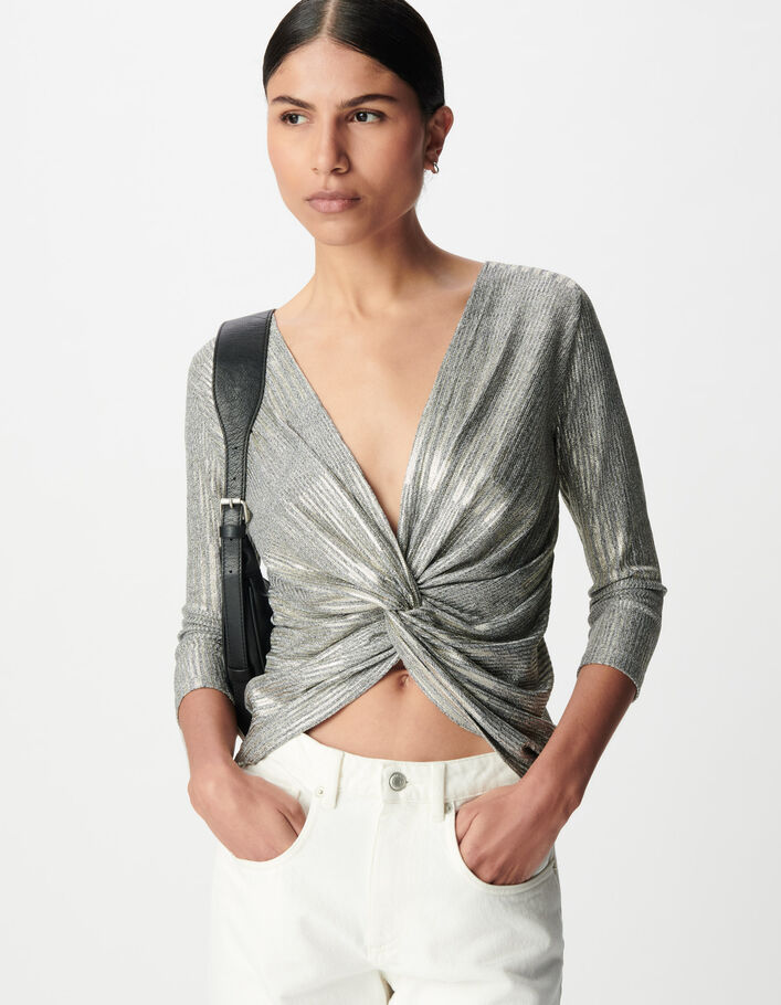 Tee-shirt dor&eacute; maille c&ocirc;tel&eacute;e n&oelig;ud fixe dos Femme