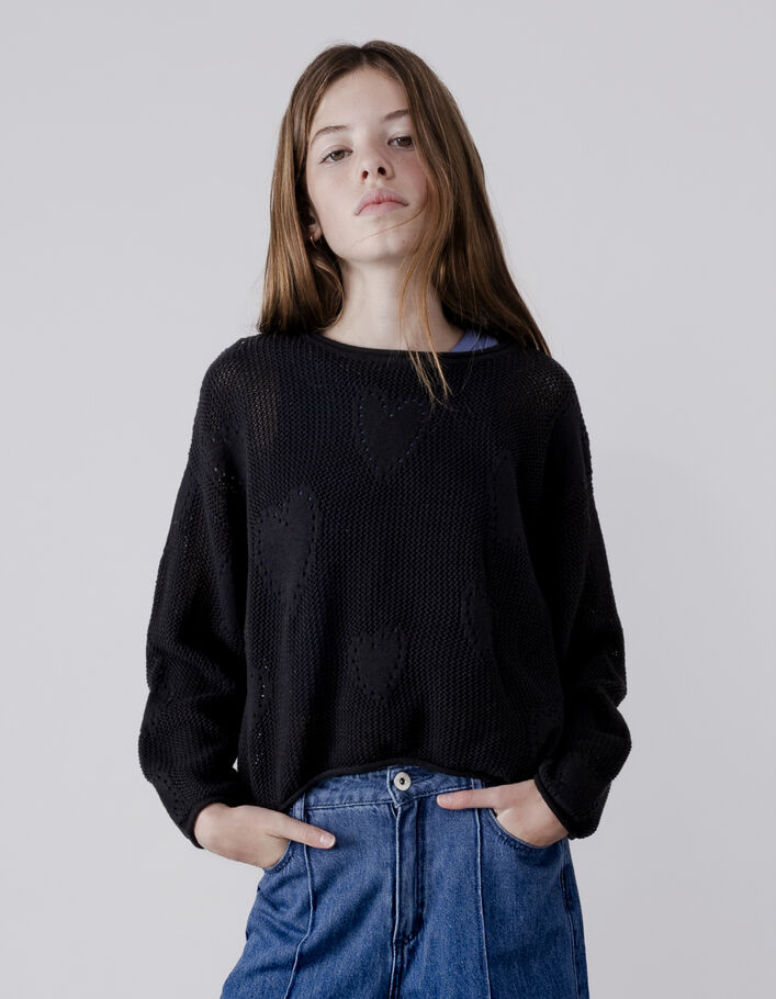 Pull noir tricot ajour&eacute; motif c&oelig;urs fille