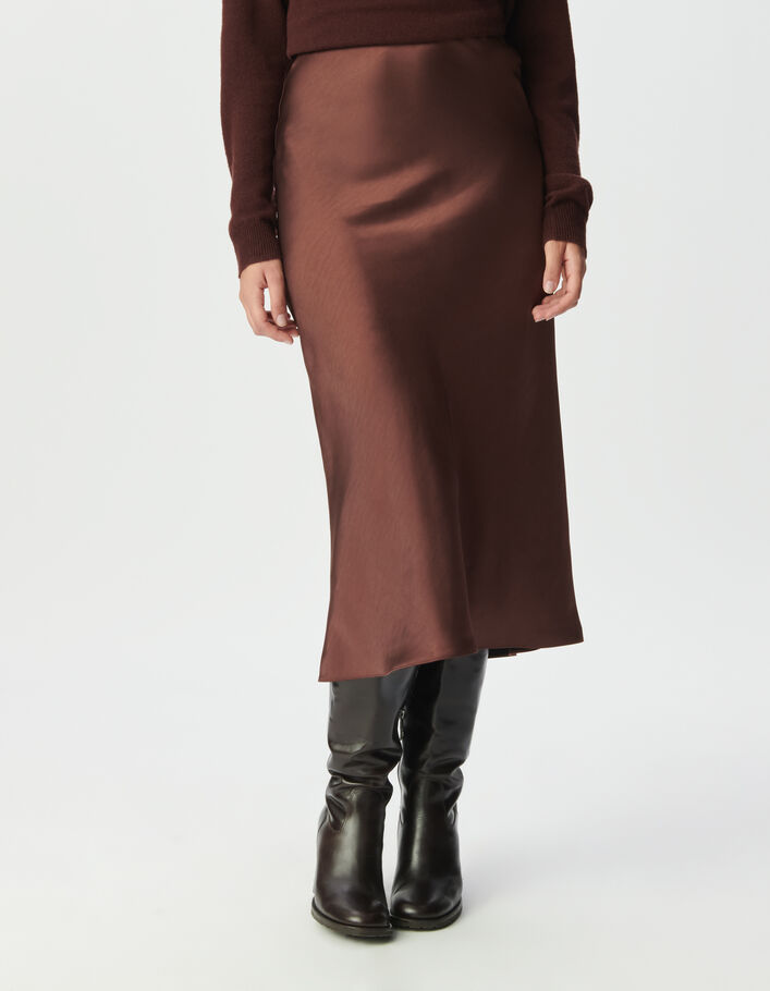 Jupe midi marron satin&eacute; Femme