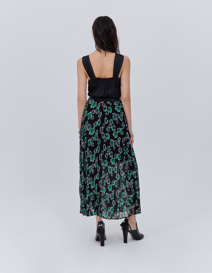 Jupe longue noire imprim&eacute; maxi floral pliss&eacute;e Femme