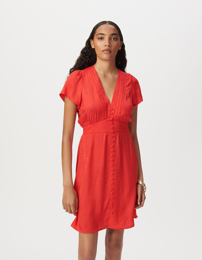 Robe rouge satin&eacute;e jacquard motif animalier Femme