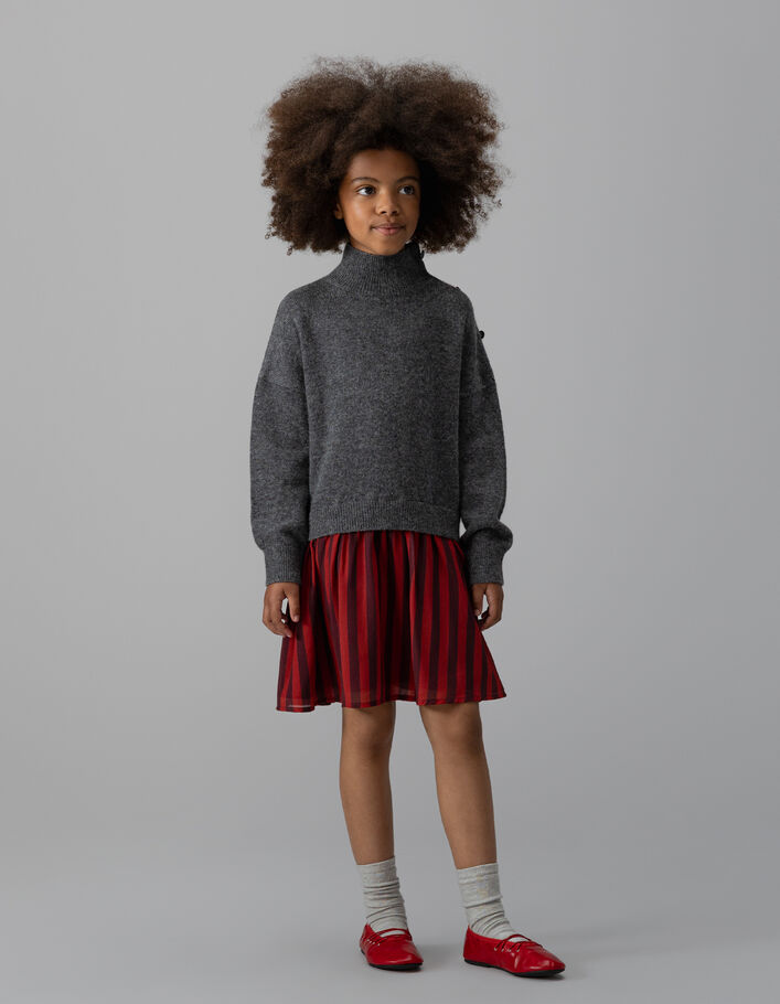 Robe bimati&egrave;re pull gris et rayures rouges fille