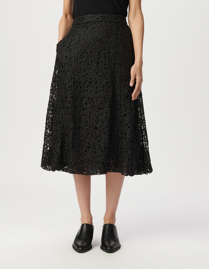 Jupe midi noire dentelle m&eacute;tallis&eacute;e forme bulle Femme