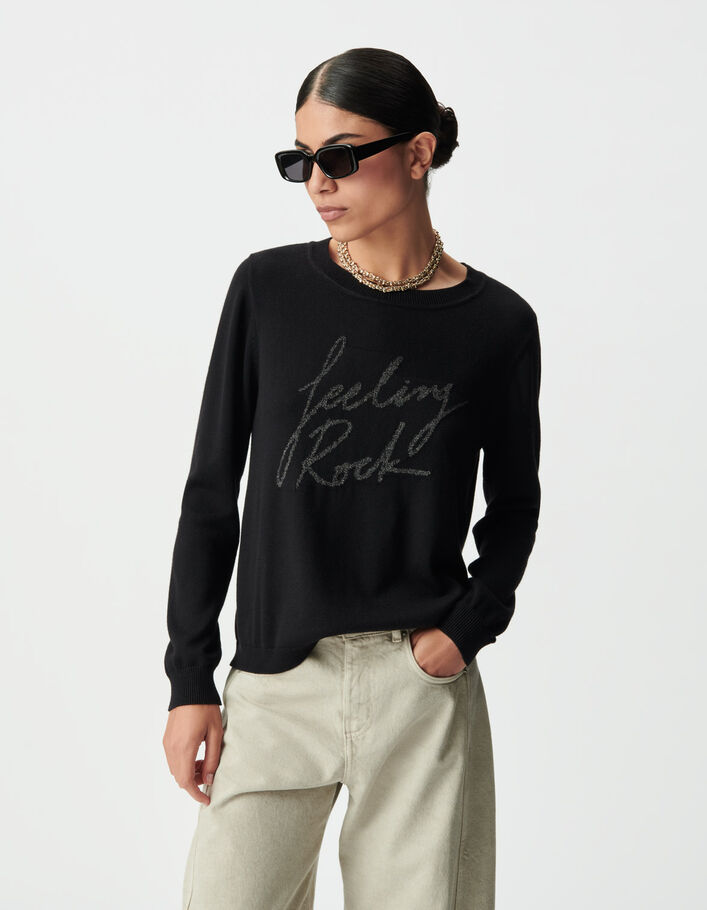 Pull noir tricot broderie message Femme