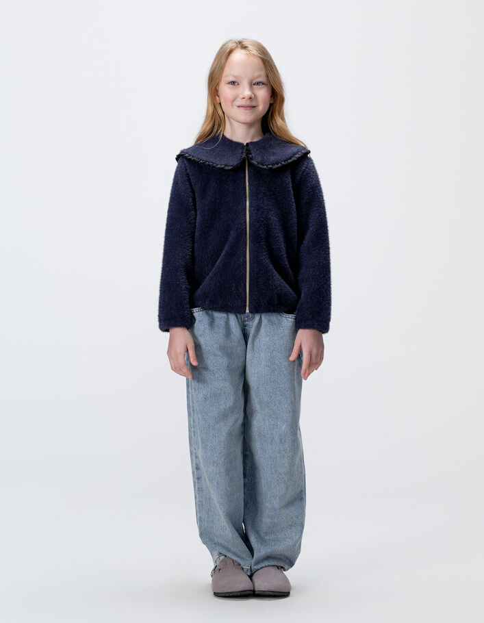 Cardigan zipp&eacute; marine duveteux maxi col fille