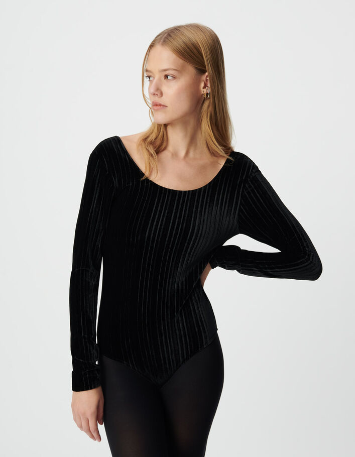 Body noir maille velours pliss&eacute;e Femme