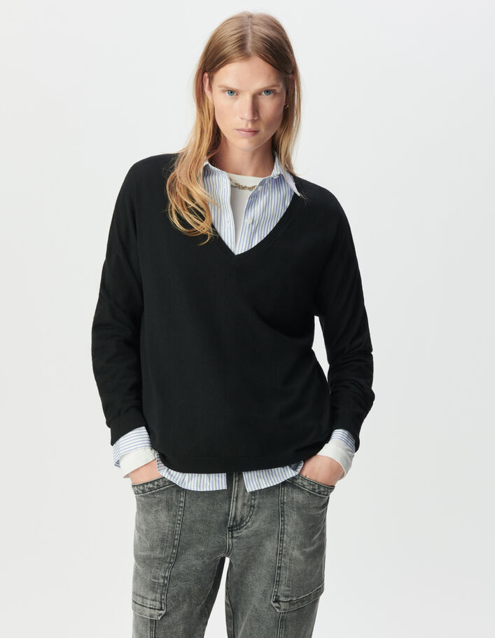 Pull noir tricot fin motif chevrons strass dos Femme