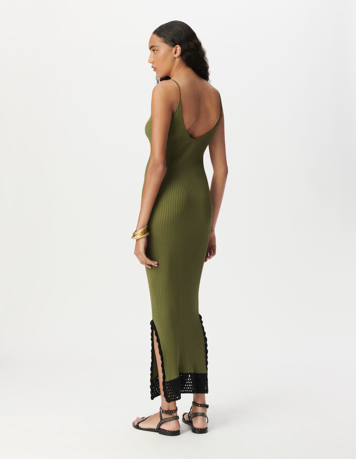 Robe tube longue kaki tricot c&ocirc;tel&eacute; Femme