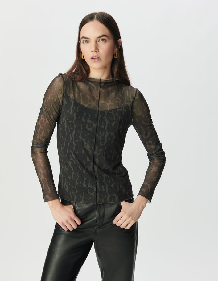 Tee-shirt kaki r&eacute;sille imprim&eacute; l&eacute;opard Femme