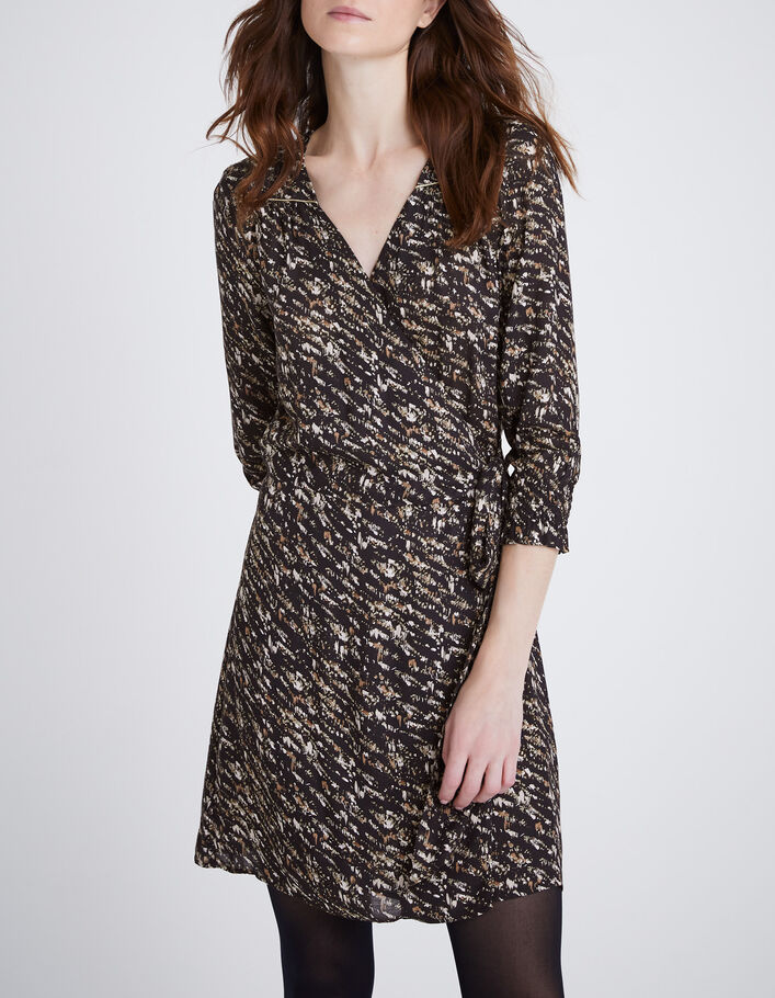 Robe portefeuille noire imprim&eacute; fusain Femme