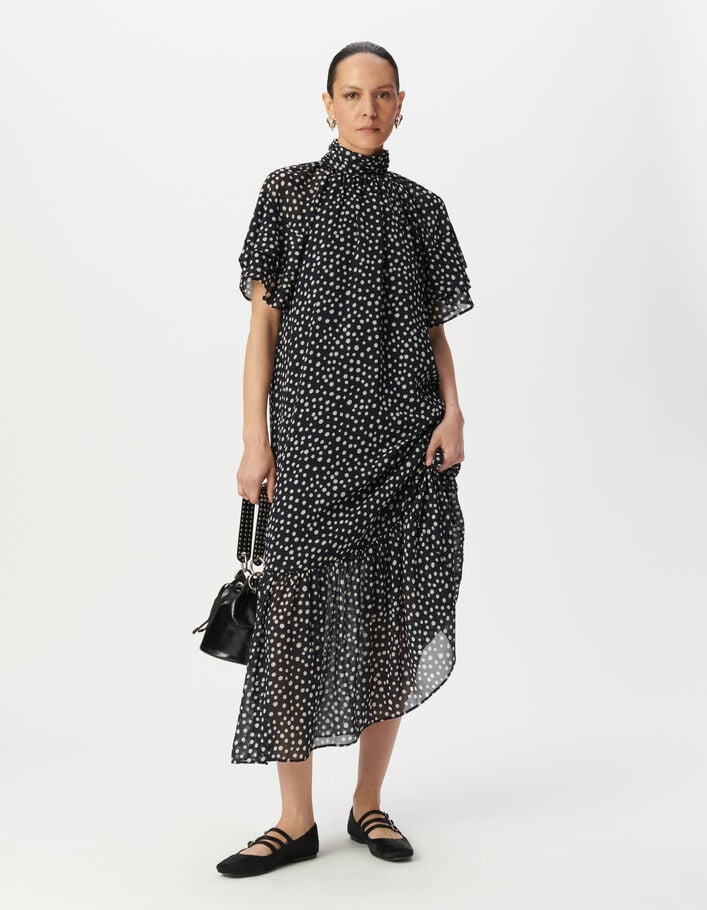 Robe longue marine imprim&eacute; pois col drap&eacute; Femme