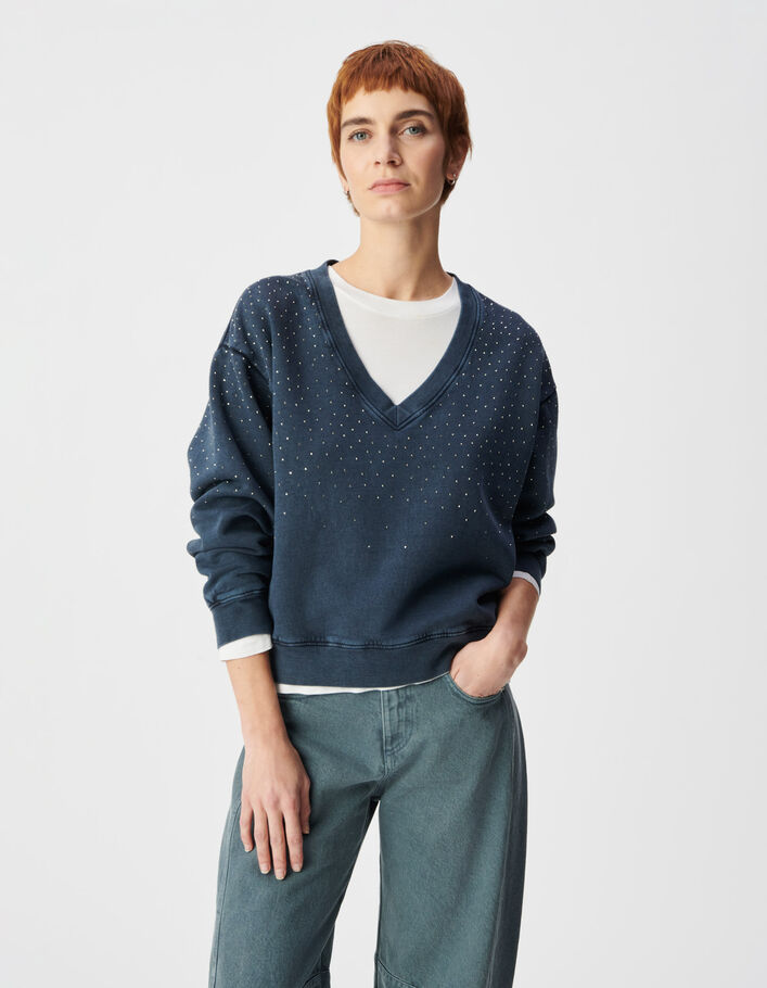 Sweat encolure V marine coton bio d&eacute;tails strass Femme