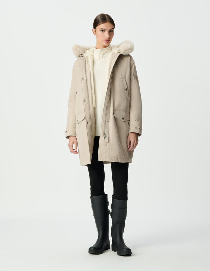 Parka oversize beige &agrave; capuche fourr&eacute;e Femme