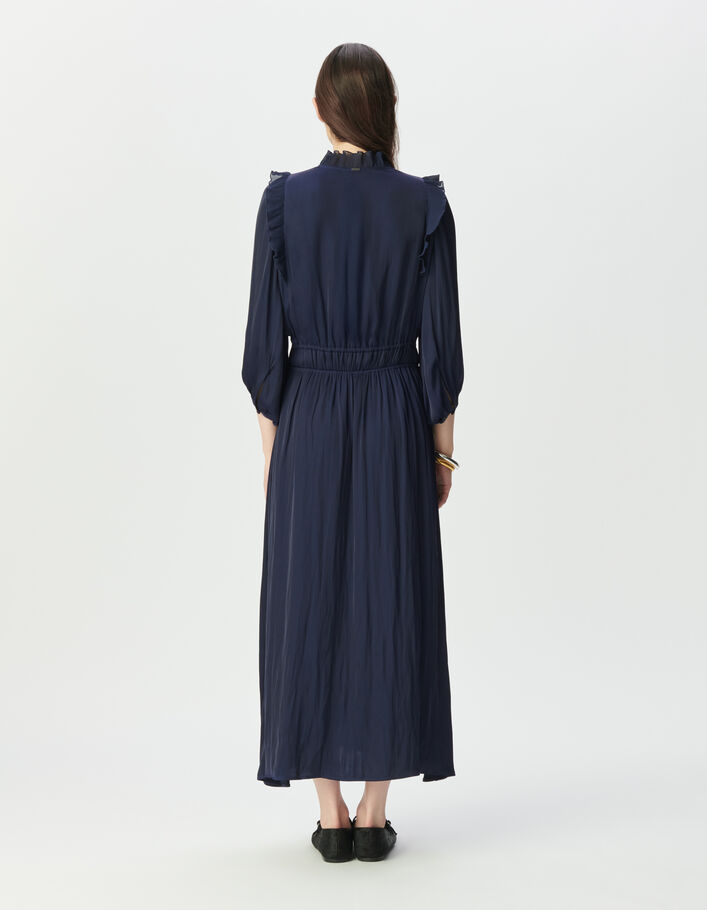 Robe fluide marine d&eacute;tails volants pliss&eacute;s Femme