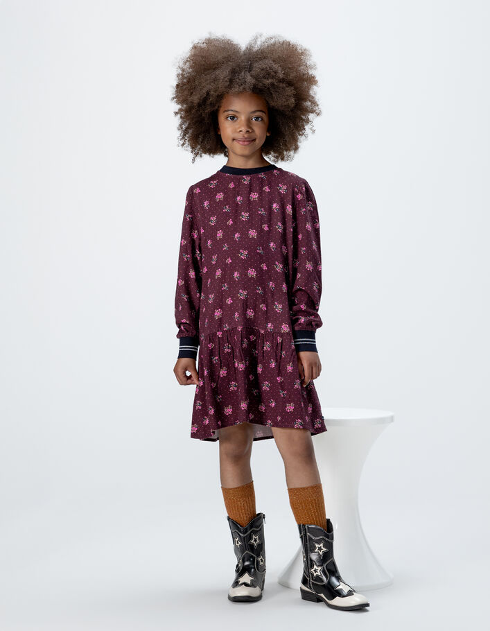 Robe manches longues bordeaux imprim&eacute; bouquets fille