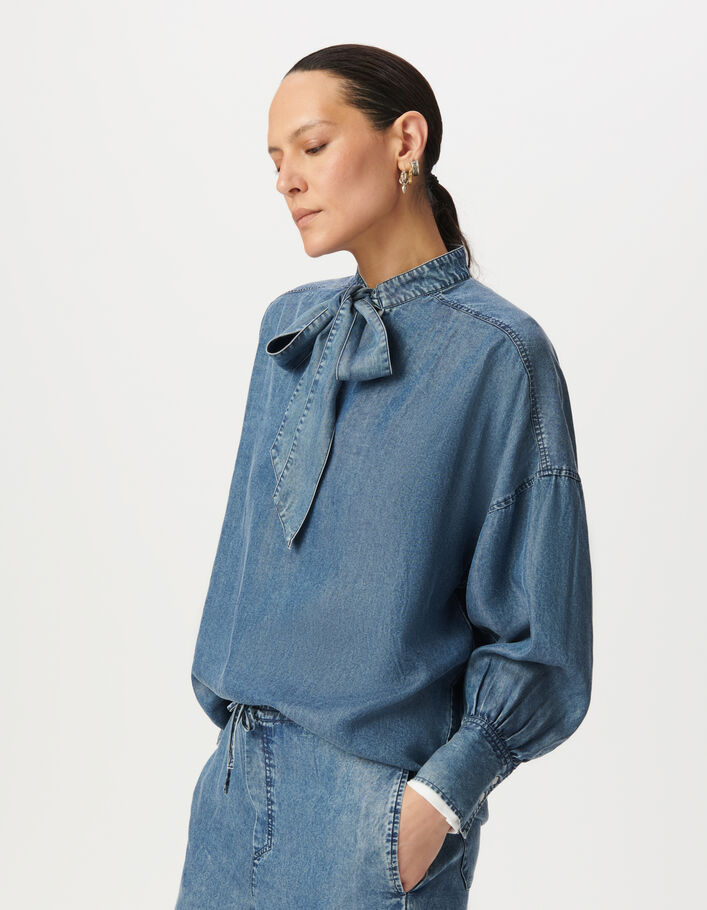 Blouse &agrave; lavalli&egrave;re bleue en Lyocell&reg; fluide Femme