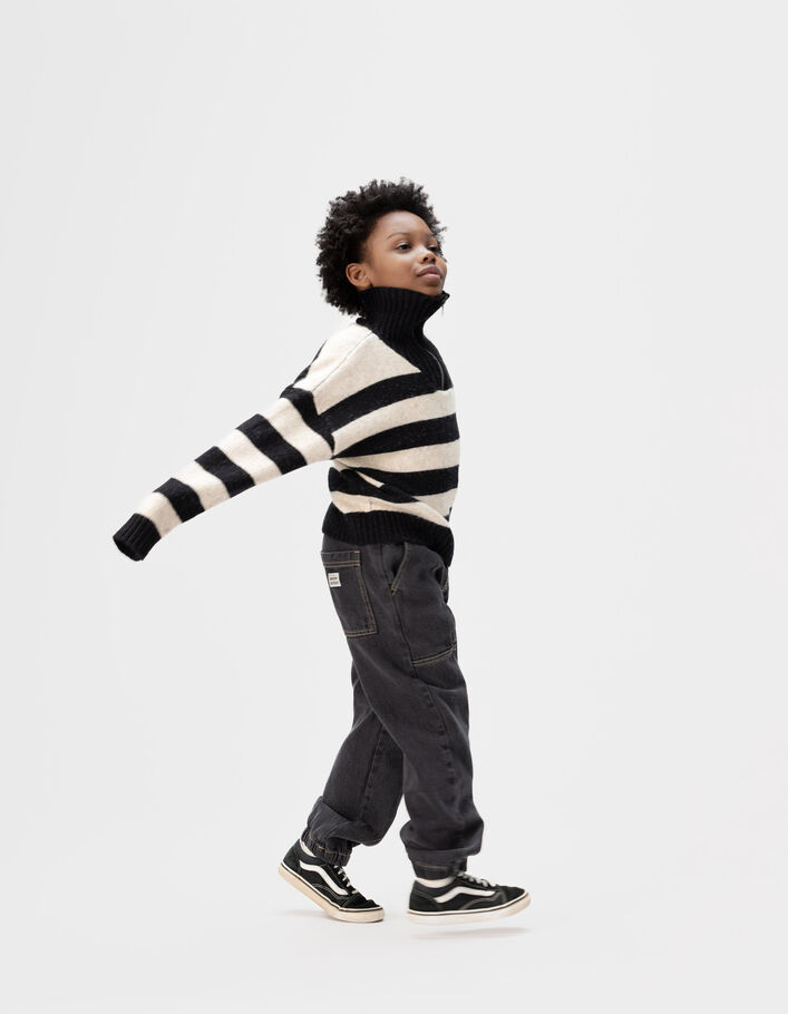 Pull camionneur noir rayures beiges tricot gar&ccedil;on