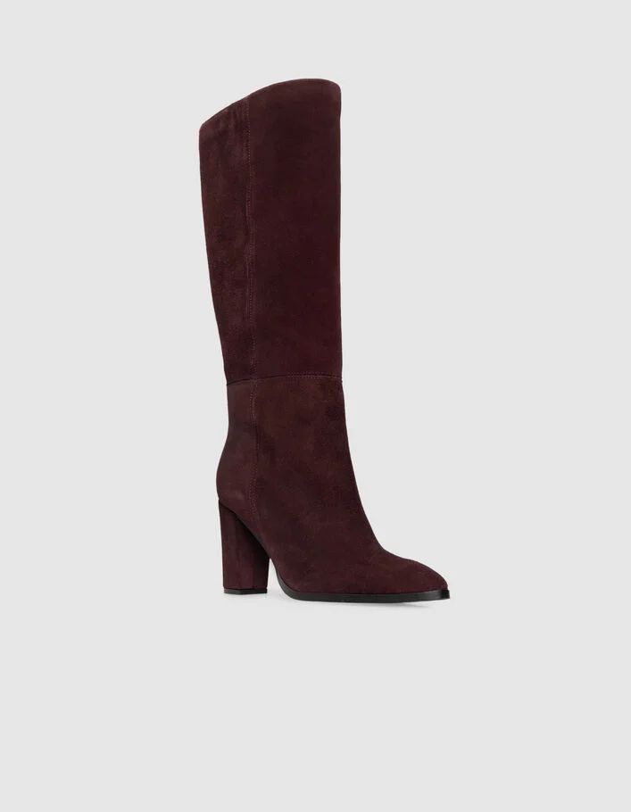 Bottes &agrave; talon bordeaux cuir velours Femme