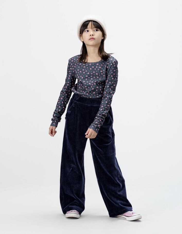 Pantalon de jogging bleue maille velours c&ocirc;tel&eacute; fille