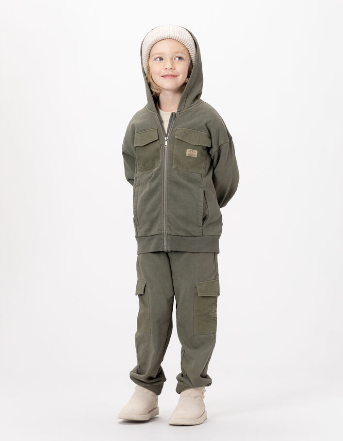 Cardigan &agrave; capuche zipp&eacute; kaki poches bi-mati&egrave;res gar&ccedil;on