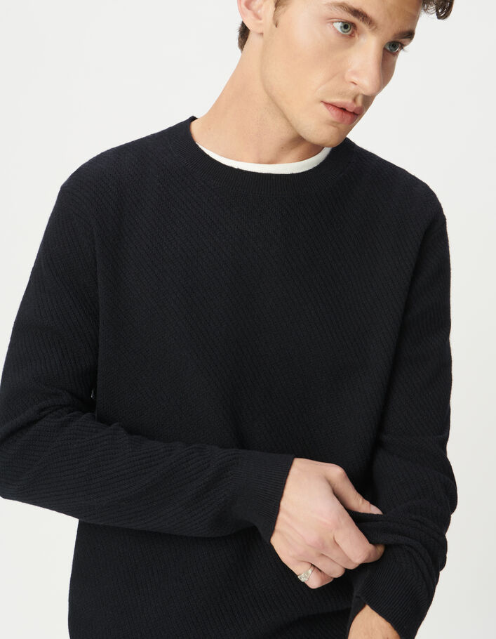 Pull marine tricot relief col rond Homme