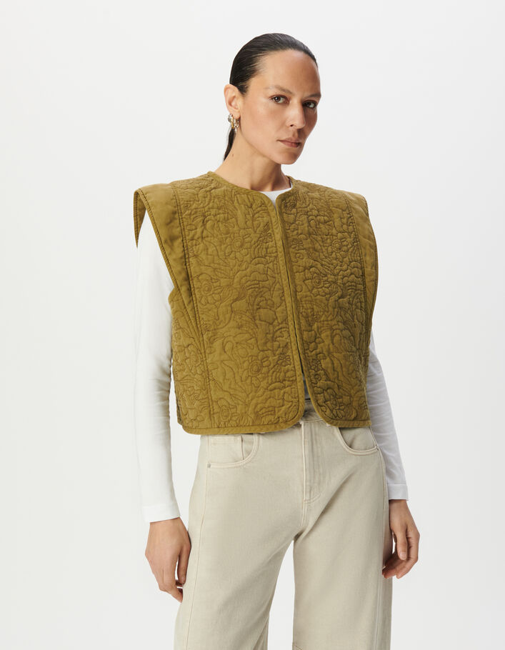 Gilet sans manches kaki matelassage broderies Femme
