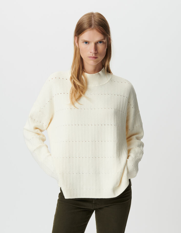 Pull blanc tricot fantaisie ajour&eacute; Femme