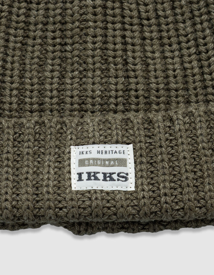 Bonnet kaki tricot c&ocirc;tel&eacute; avec revers gar&ccedil;on